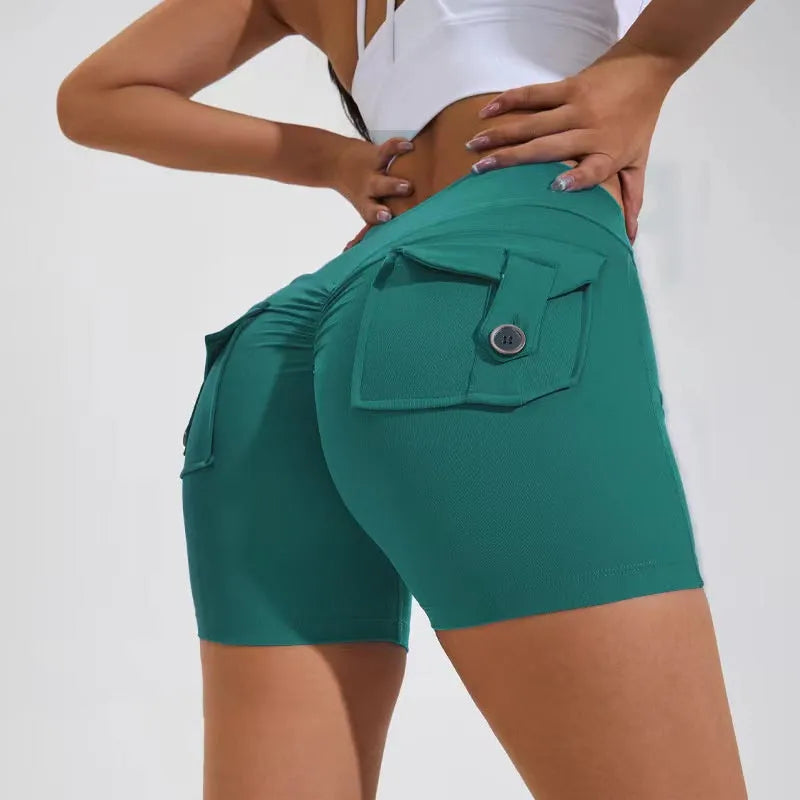 Women's high waist fitness shorts with pockets in avocado green colour for yoga and workouts