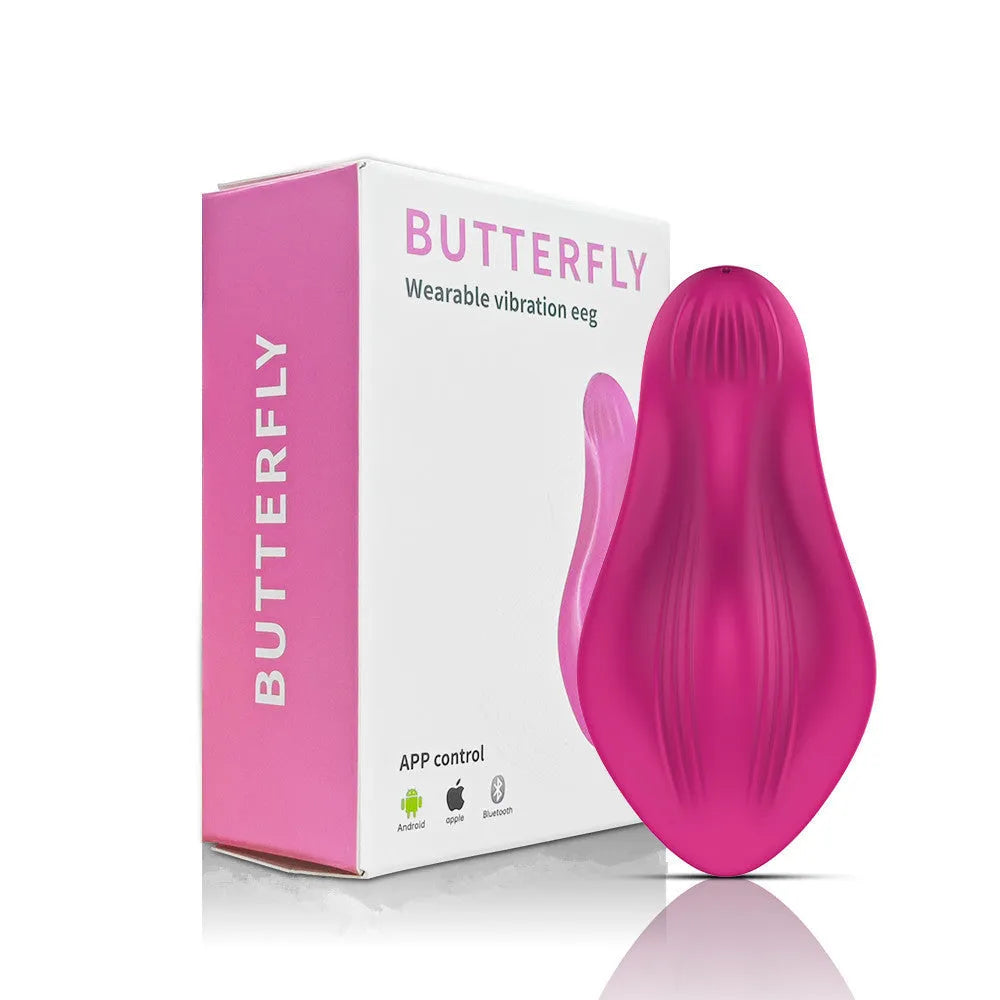 Rose red silicone wearable female massager with butterfly shape and USB charging port
