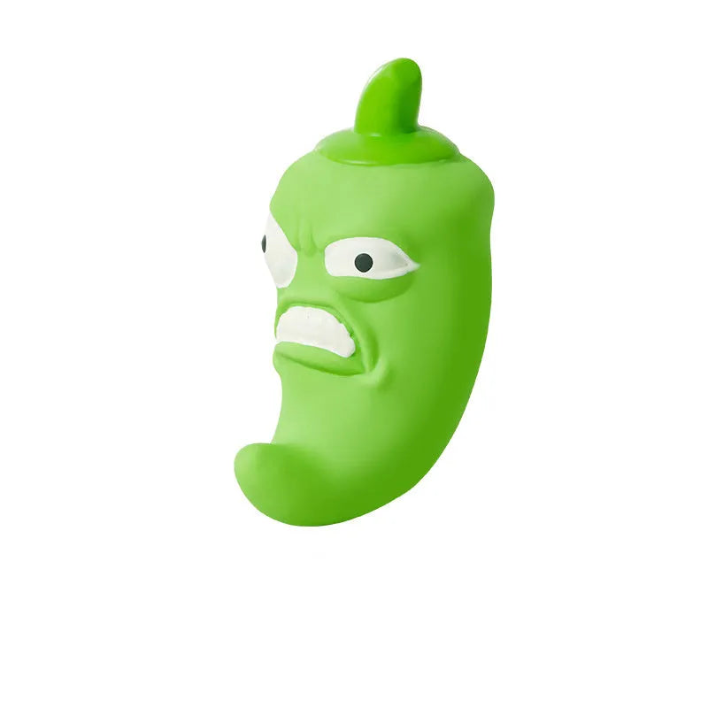 Bitter melon and chili shaped dog chew toys with textured surfaces for teeth grinding