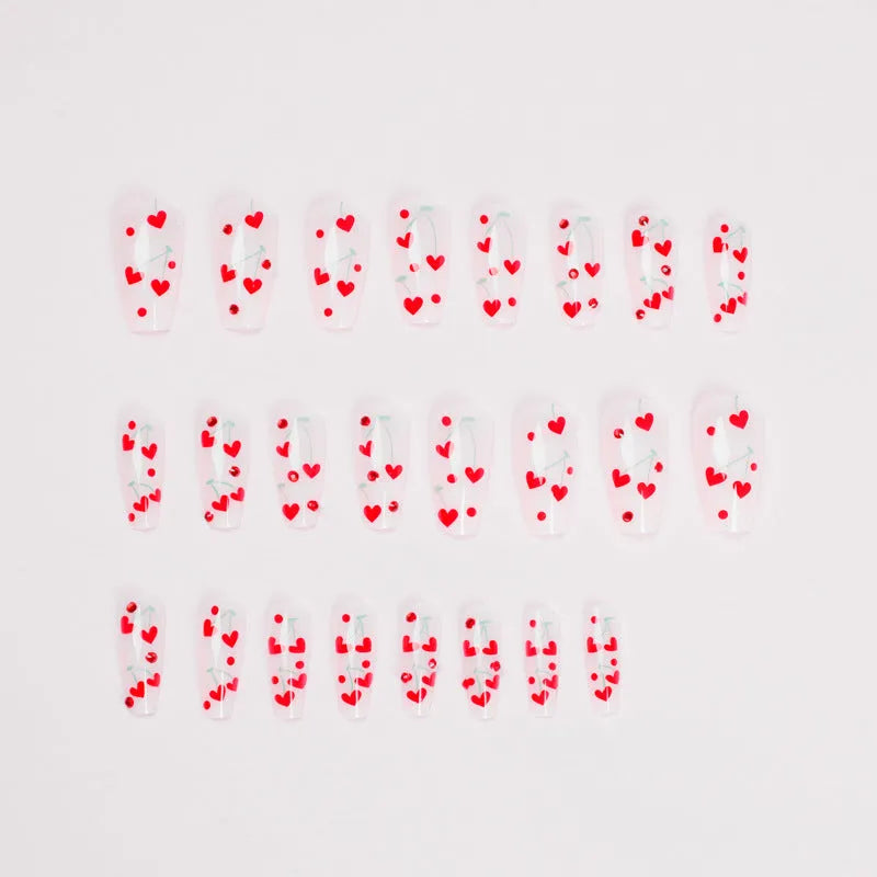 French tip nail art stickers with red diamond and cherry design, 24 self-adhesive pieces with adhesive glue