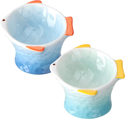 Fish-shaped ceramic cat bowls with 15-degree tilt angle in blue, green, pink, or yellow colours