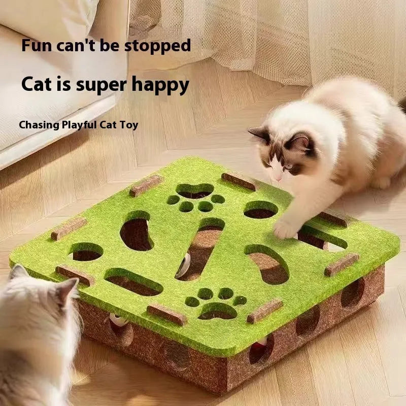 Square felt cat toy with artifact holes in green brown colour measuring 30cm