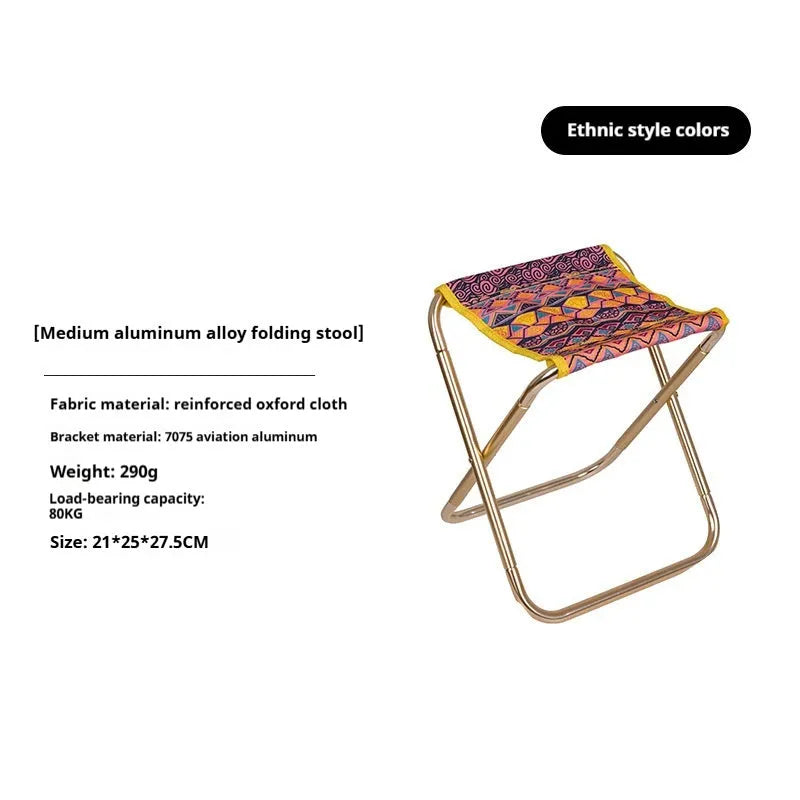 Black aluminium alloy folding stool in folded and unfolded positions