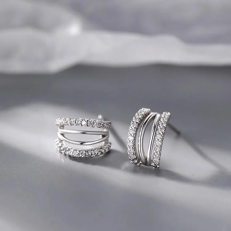 Geometry-shaped electroplated silver needle earrings in three size options