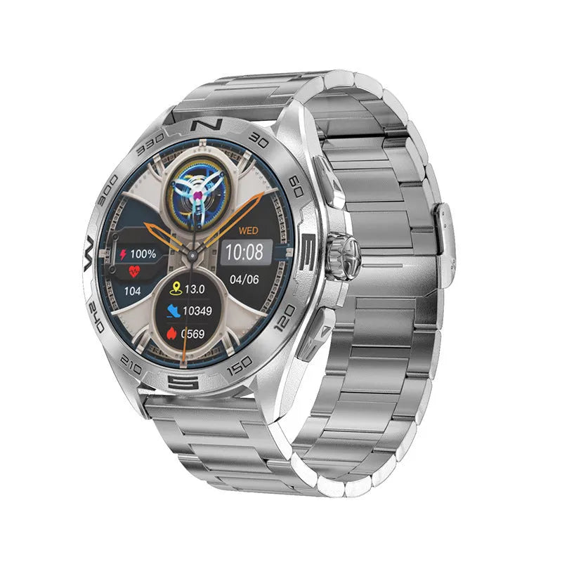 Men's smart watch with health monitoring display showing blood pressure and heart rate readings