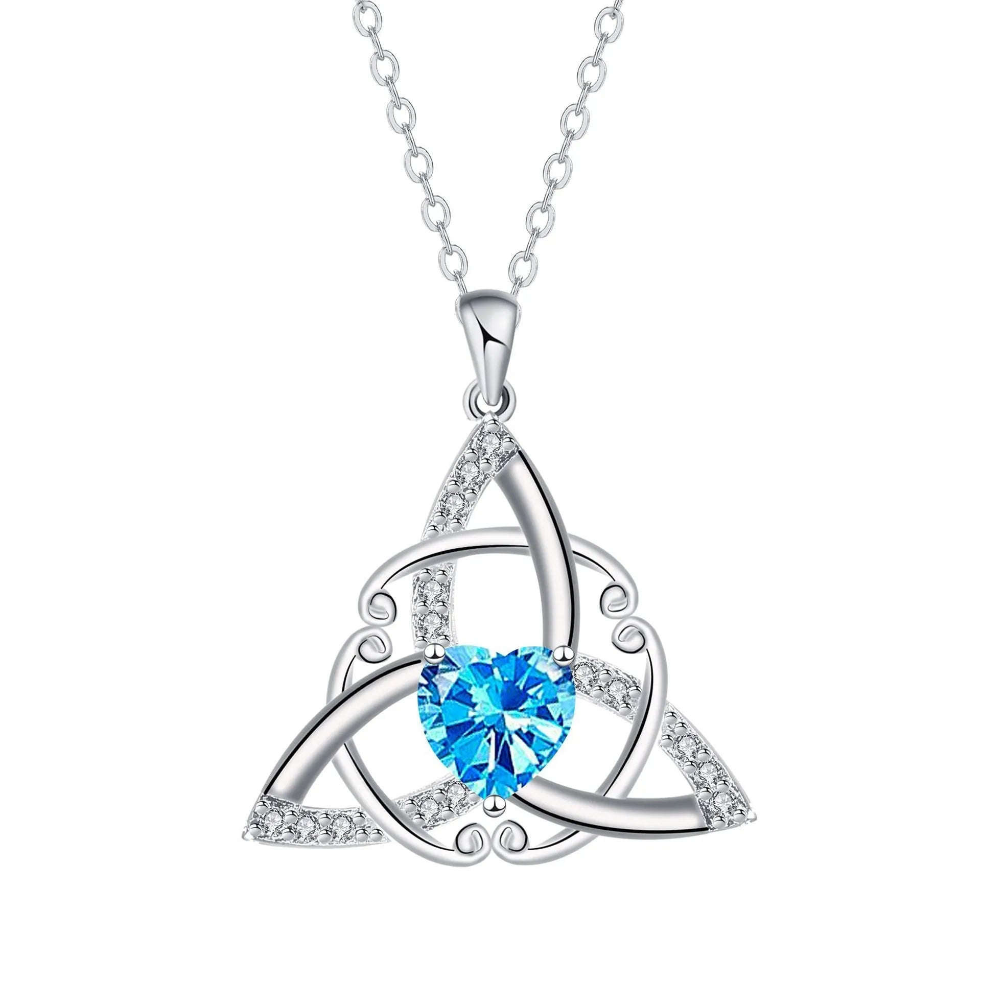 Geometric Celtic knot pendant necklace for women in electroplated copper, showing colour options.