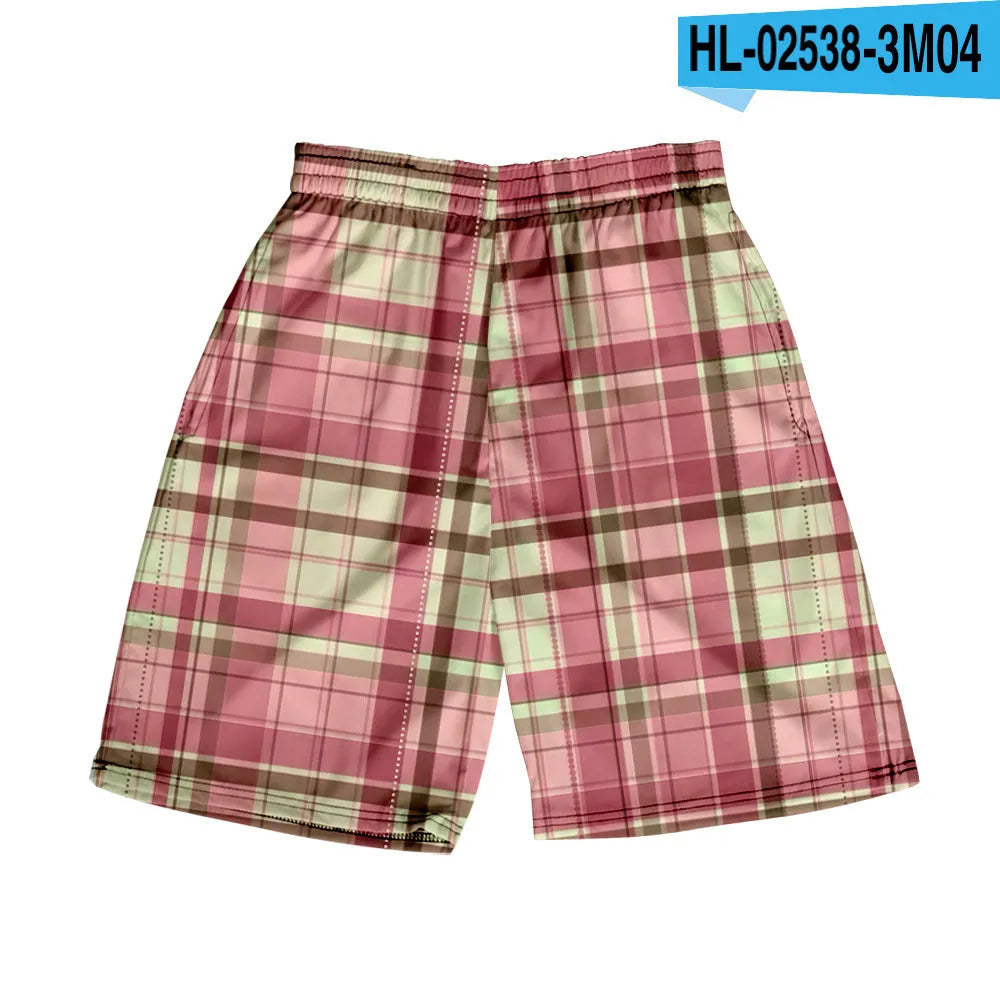 Men's plaid polyester shorts with elastic waistband in straight cut design