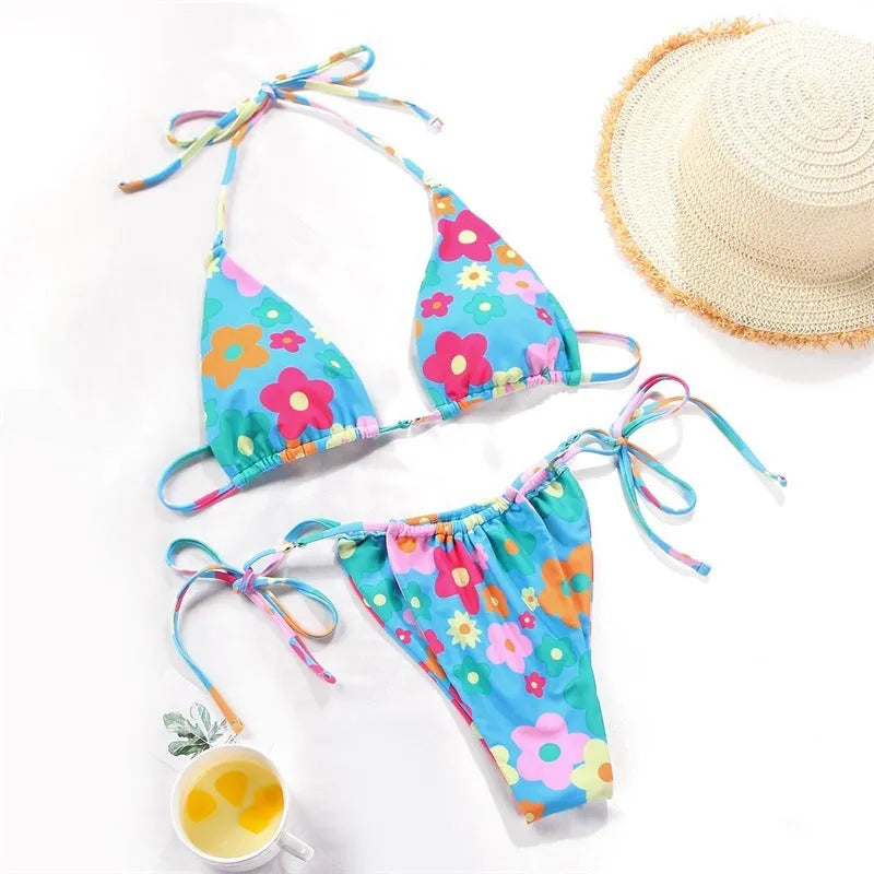 Women's polka dot print split swimsuit bikini in brown dot pattern with matching bra and panties