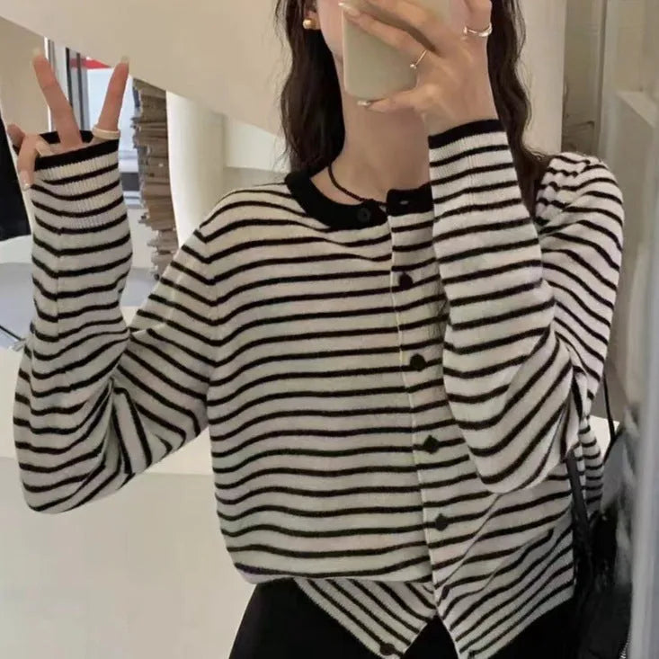 Women's dark grey and white striped French style cardigan coat with slim fit and cropped 40cm length