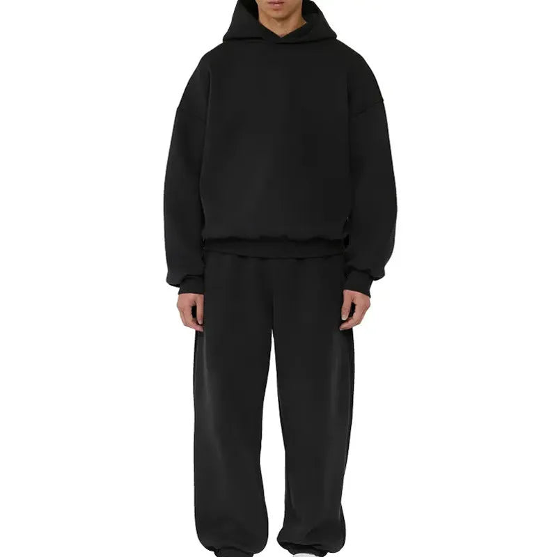 Men's grey fleece-lined cotton pullover hoodie with long sleeves on a hanger.