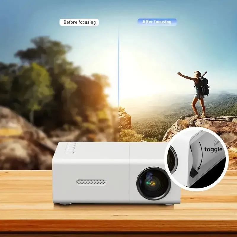 M100 mini LED home projector in black or white showing 100 inch projection capability with remote control
