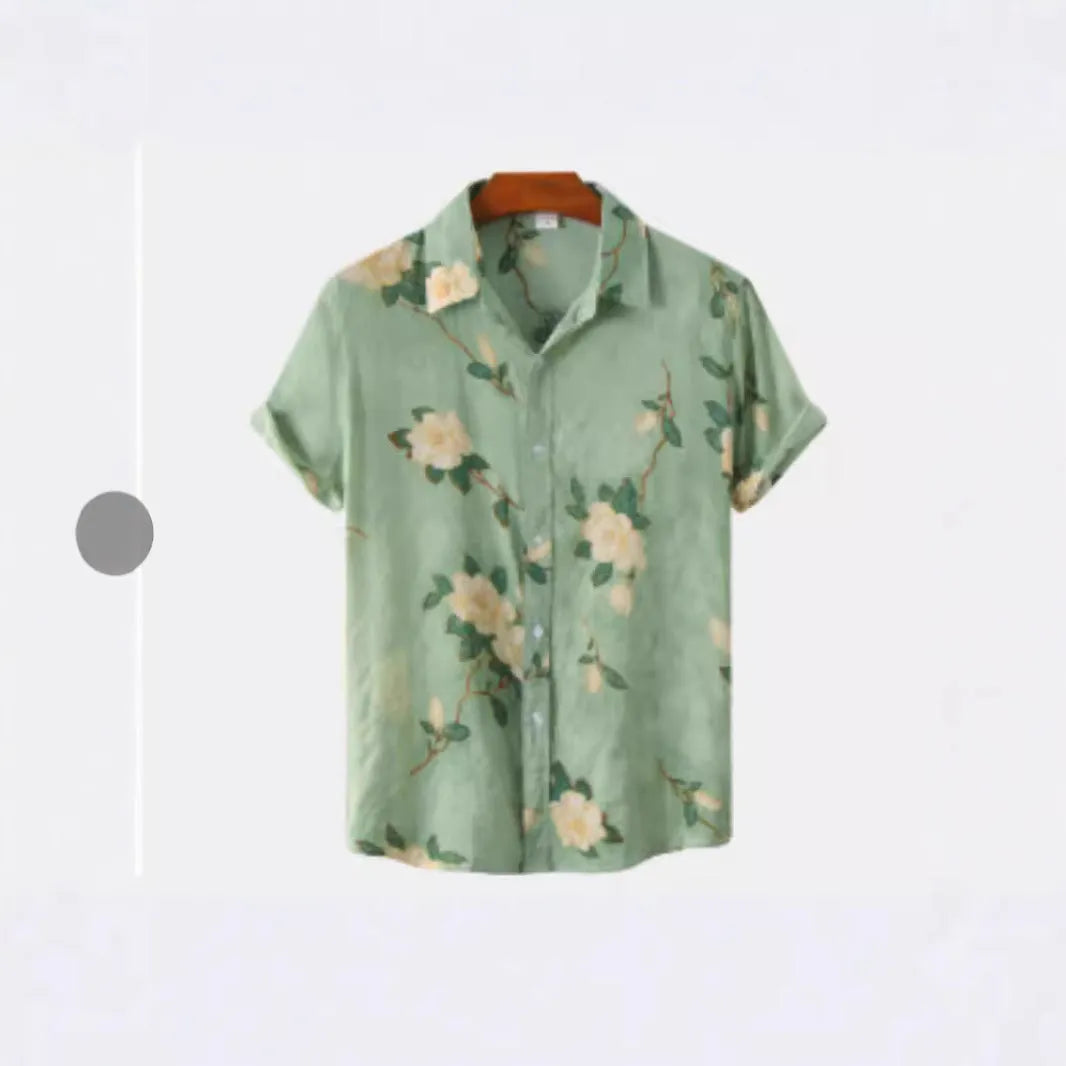 Man wearing a short sleeve Hawaiian floral print shirt with a lapel neckline, showcasing the digital print pattern.