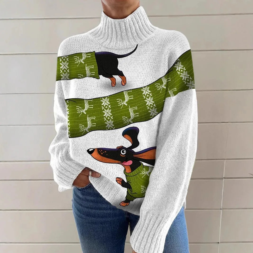 Women's Christmas pattern printed turtleneck sweater in macaron colours with long sleeves
