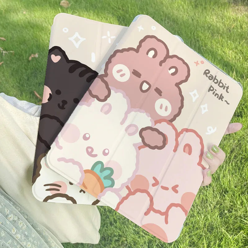 Rabbit cartoon design silicone flat tri-fold protective case for tablets
