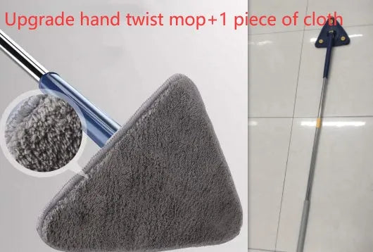 Blue triangular cleaning mop with 360-degree rotating head and adjustable stainless steel pole extended for use