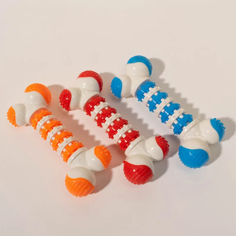 Blue orange red bone-shaped interactive dog toy for small breeds with chewable ends and treat compartment