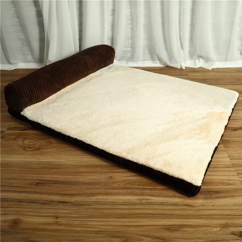 Corduroy pet dog bed sofa in a neutral colour with a raised edge and non-slip base.
