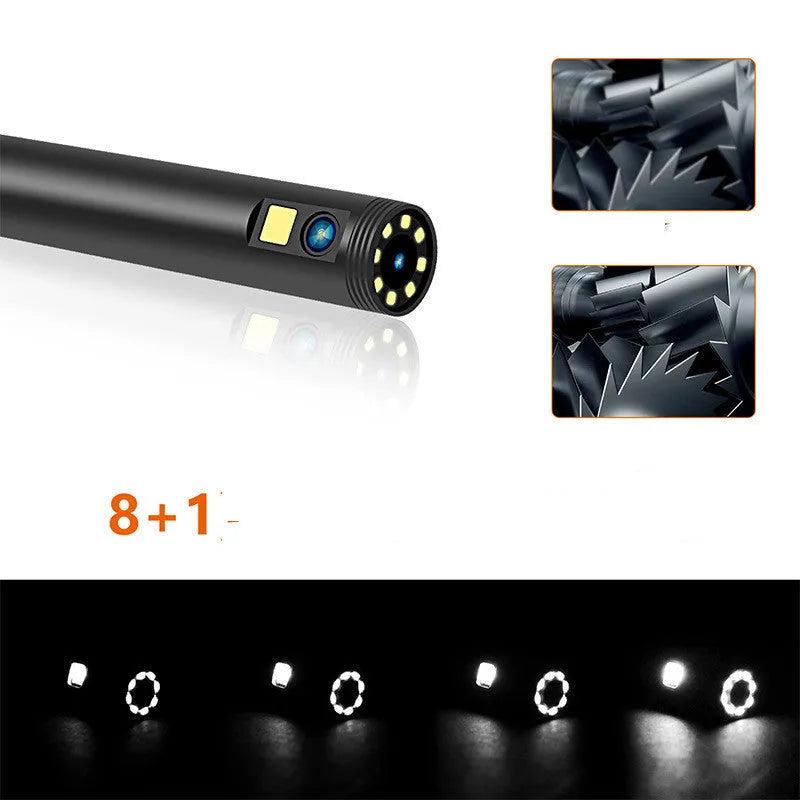 Wireless dual lens endoscope with 5.5mm and 8mm probe options showing hook and magnet accessories
