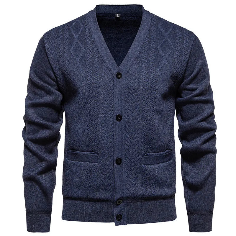 Men's striped cardigan sweater with wool lining in brown colour showing long sleeves and button front
