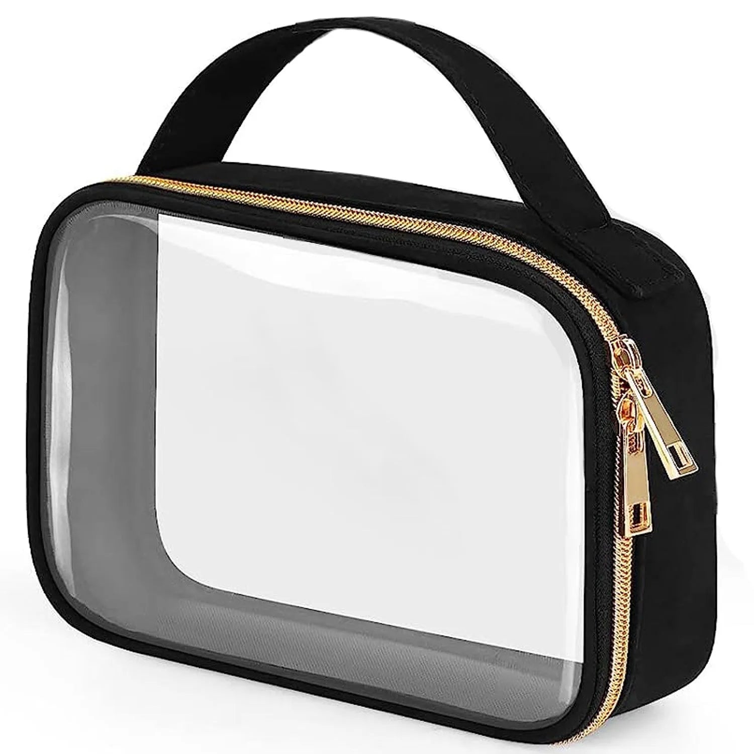 Transparent PVC wash bag showing cosmetics inside with chain handle