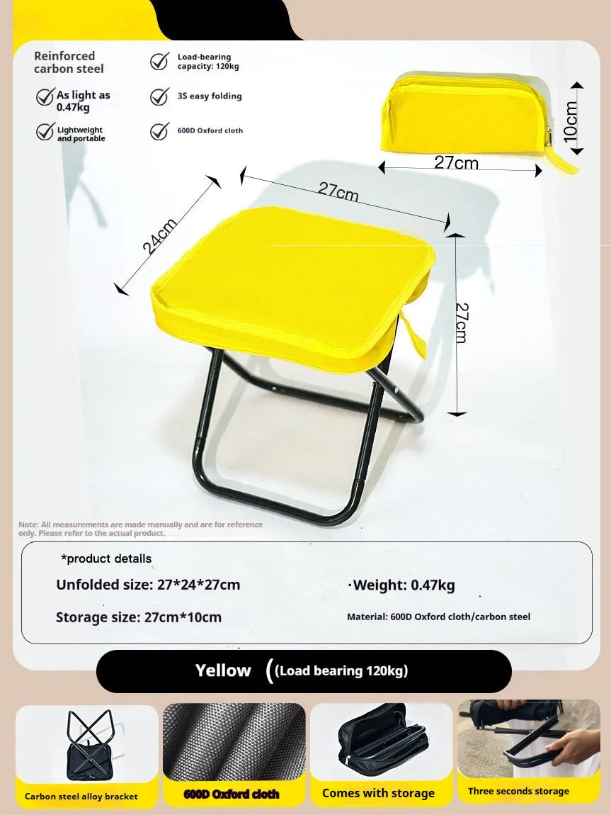 Foldable outdoor camp stool in Oxford cloth shown in a khaki colour, collapsed in its flat pencil box design.