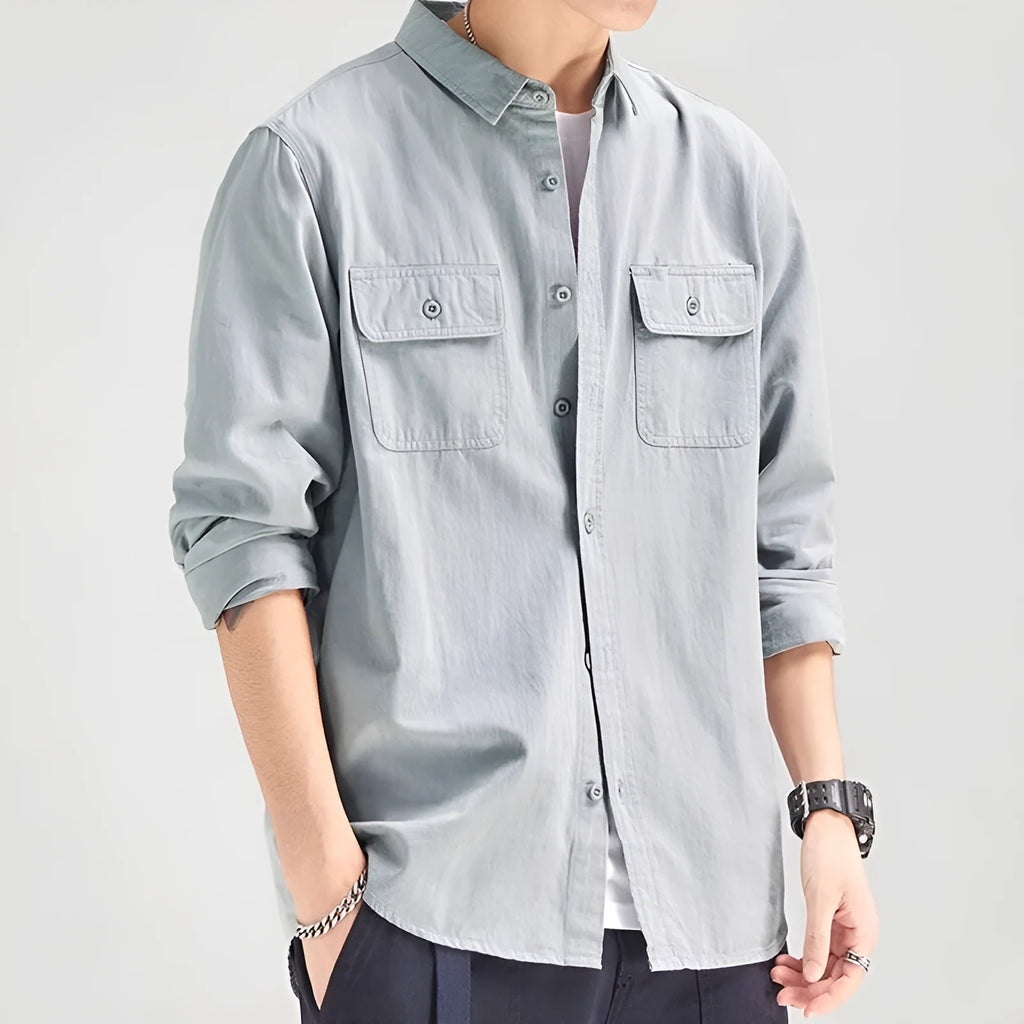 Men's loose fit long sleeve cardigan-style shirt in light grey, made from polyester fibre.