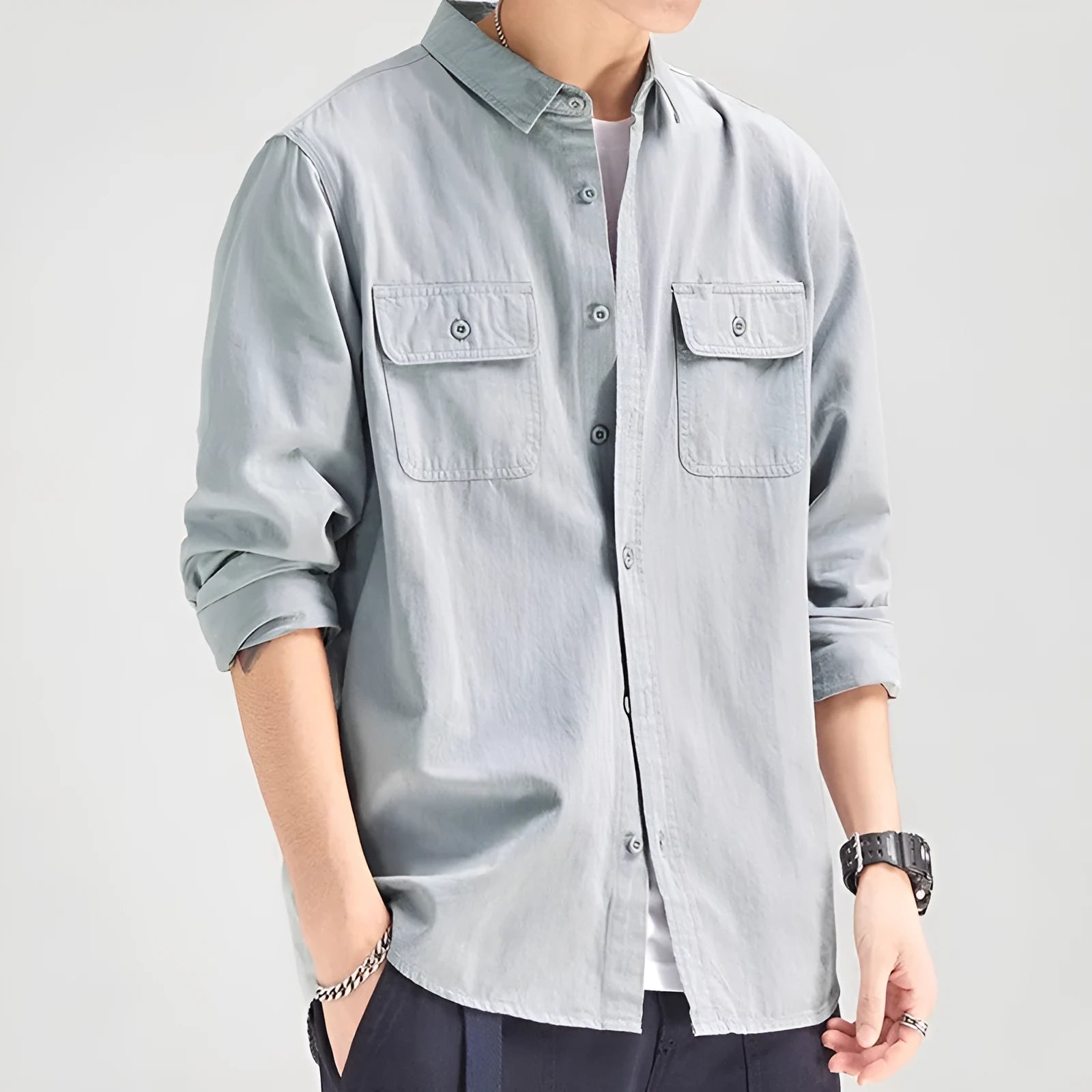 Men's loose fit long sleeve cardigan-style shirt in light grey, made from polyester fibre.