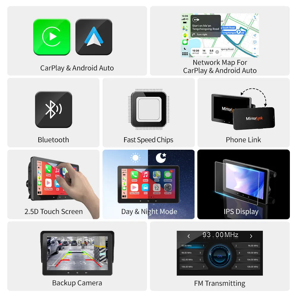 7-inch wireless CarPlay car display with ceiling mount and astern video functionality