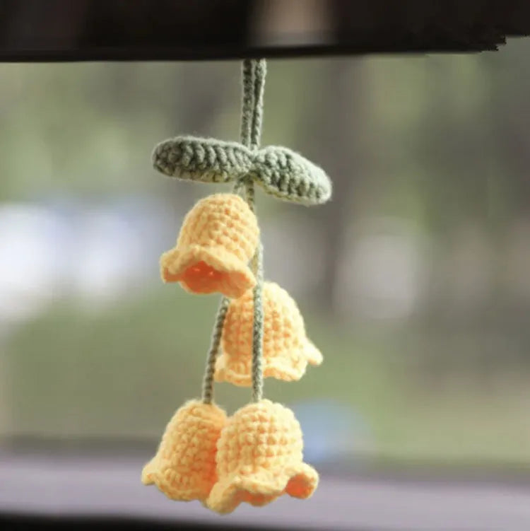 Green and white knitted car plant decoration with hanging rope on 8cm plastic base