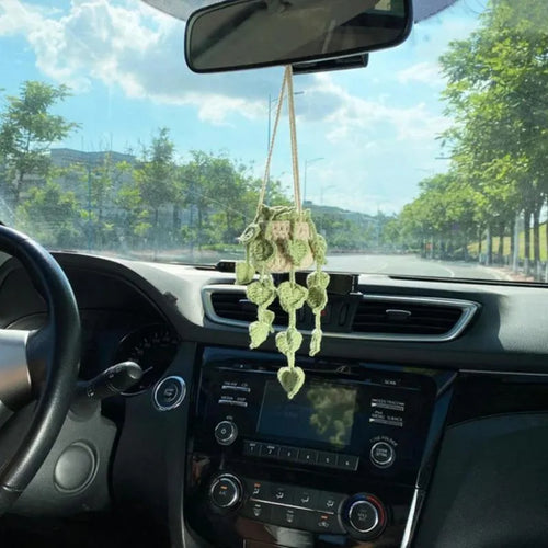 Green and white knitted car plant decoration with hanging rope on 8cm plastic base