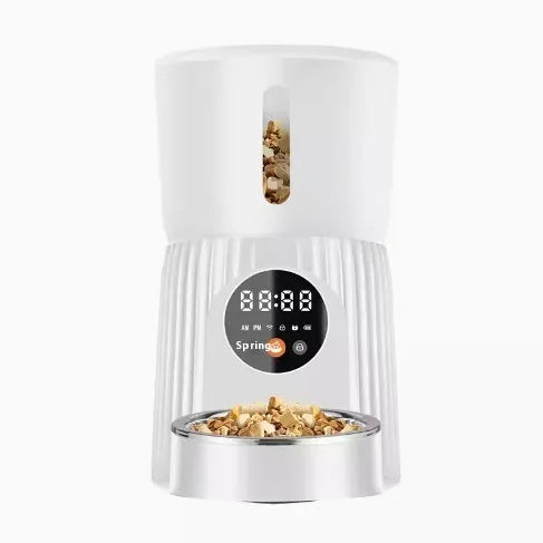 Black and white intelligent pet feeder with automatic timing and remote control functions