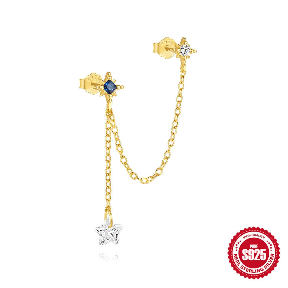 Close-up of a golden double ear piercings chain design stud earring made from S925 sterling silver with inlaid zircon stone.