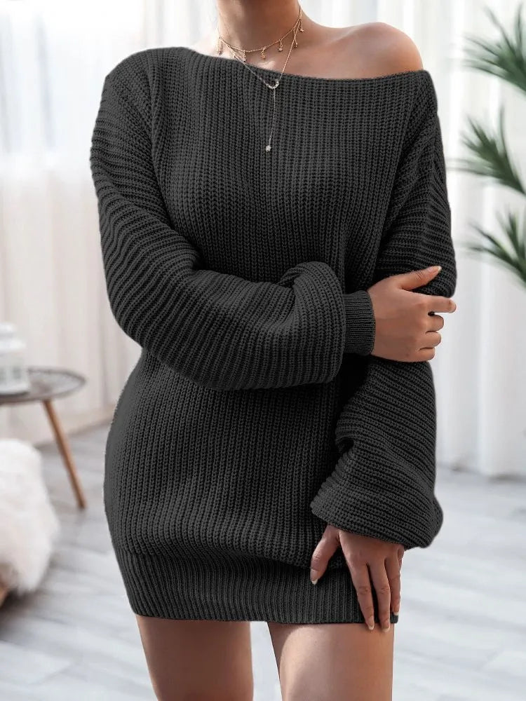 Women's knitted dress with lantern sleeves and off-shoulder neckline in solid colour