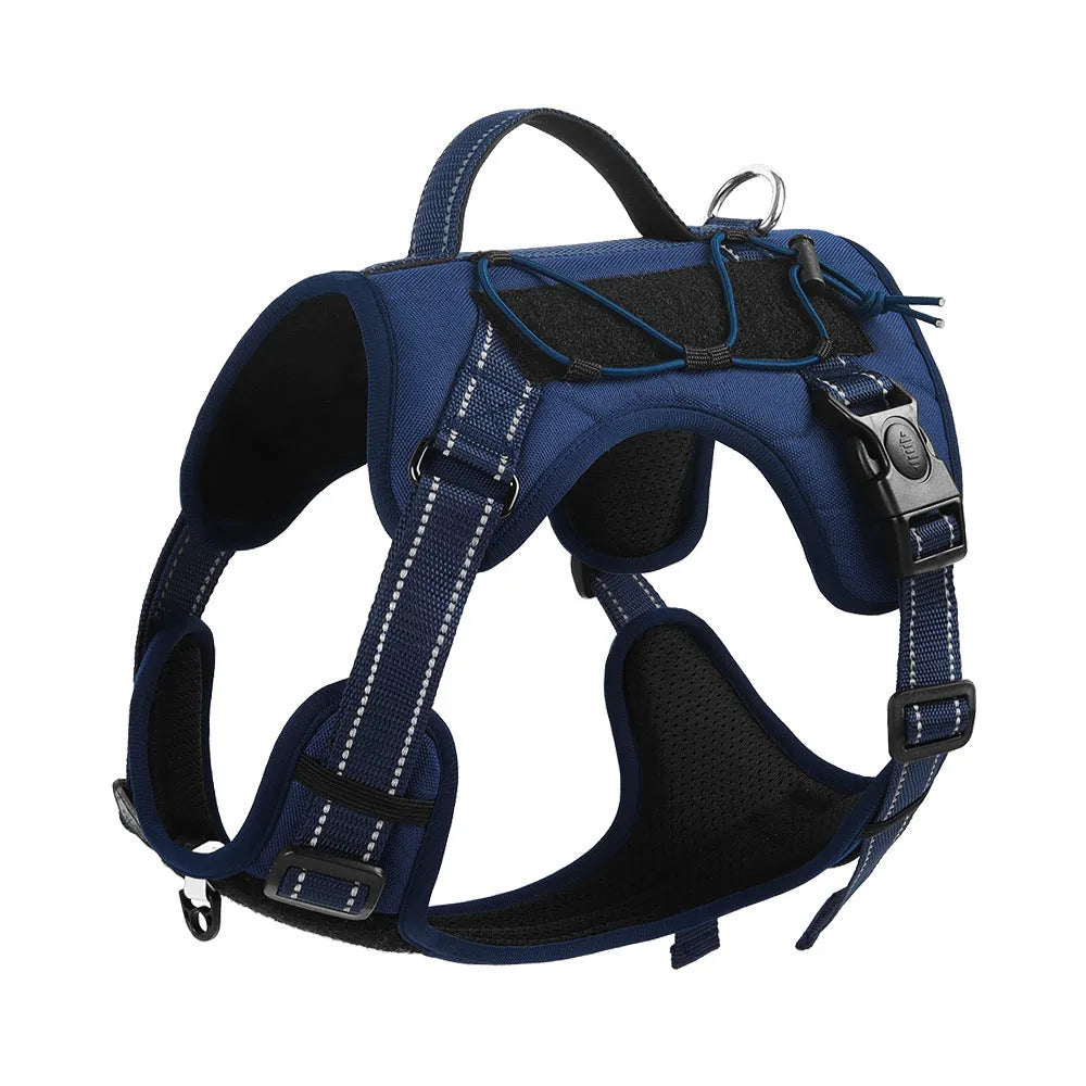 Orange reflective dog harness with a black integrated hand-holding rope, showing size adjustment straps.