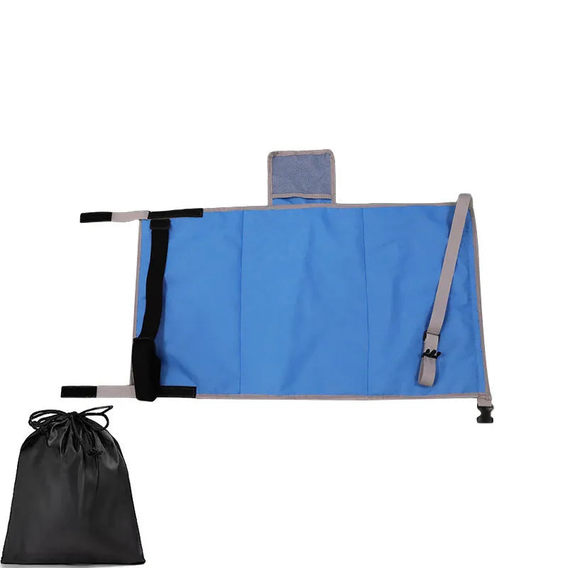 Portable children's aircraft pedal seat extender in blue, black, and grey colours with drawstring storage pocket