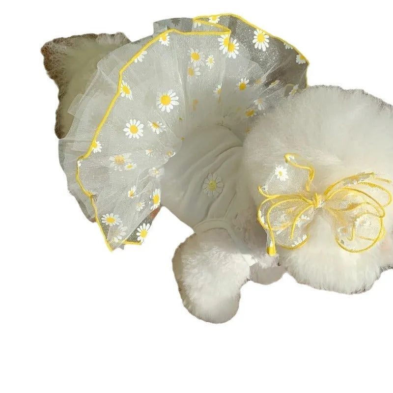 Yellow floral Little Daisy pattern on lightweight polyester summer dog clothes.
