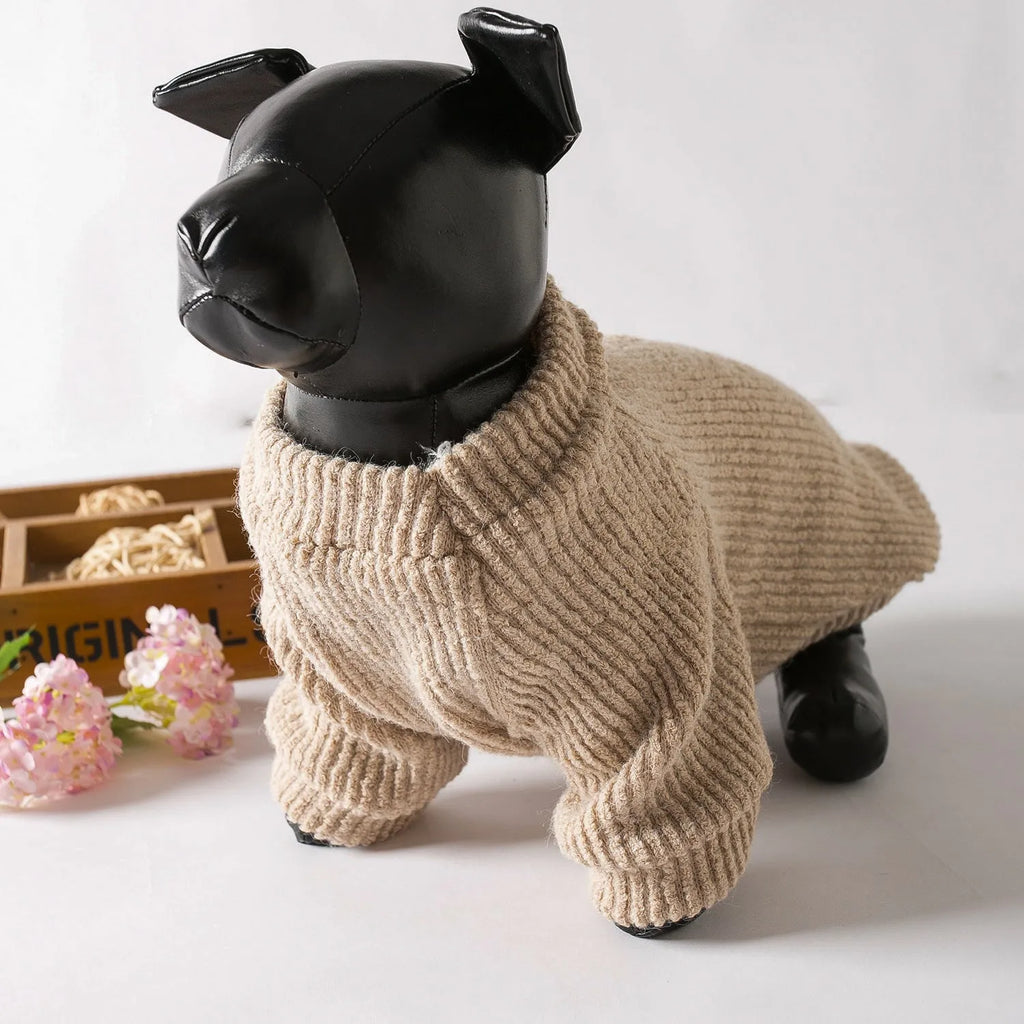 Brown knitted dog sweater pullover for small breed dogs on mannequin
