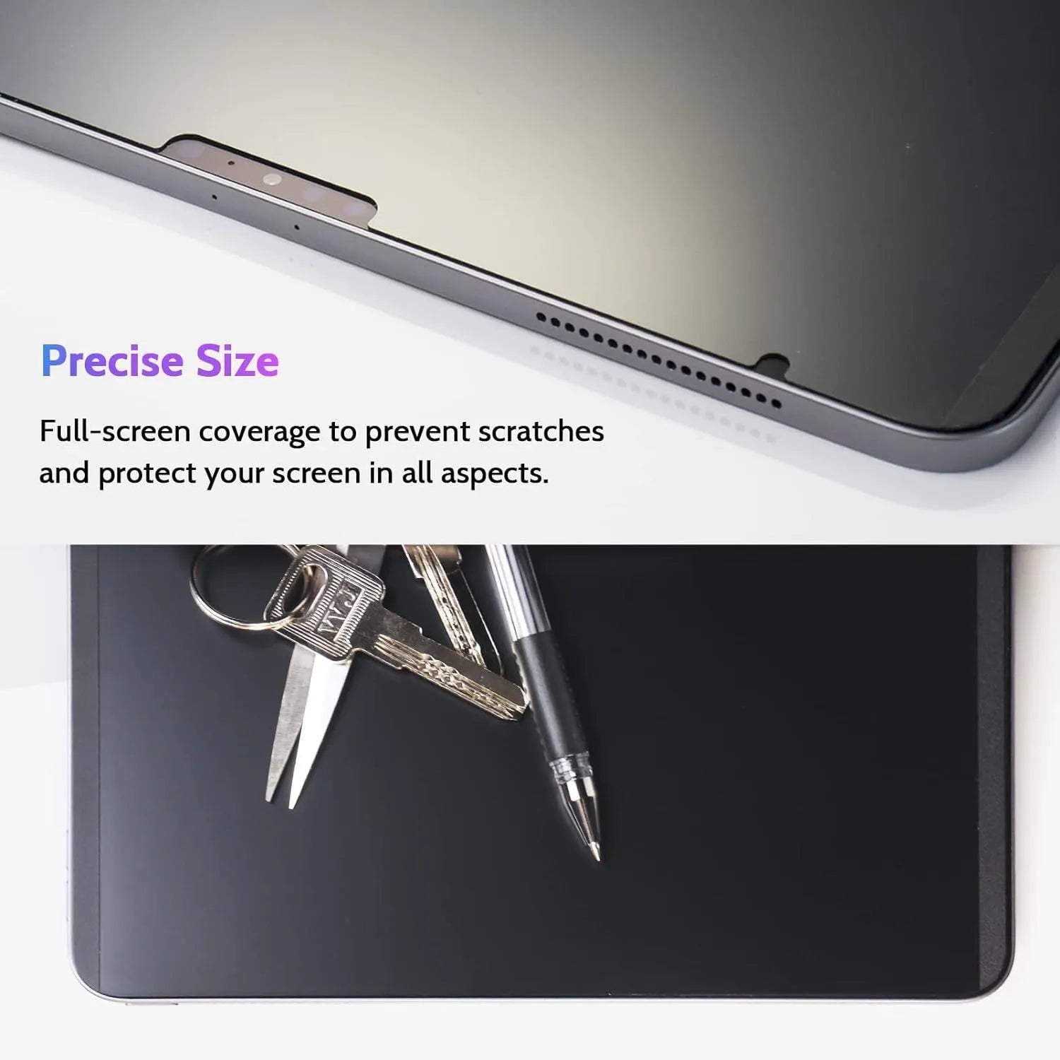 Magnetic suction anti-peeping film for iPad on a table next to an iPad and storage clip.