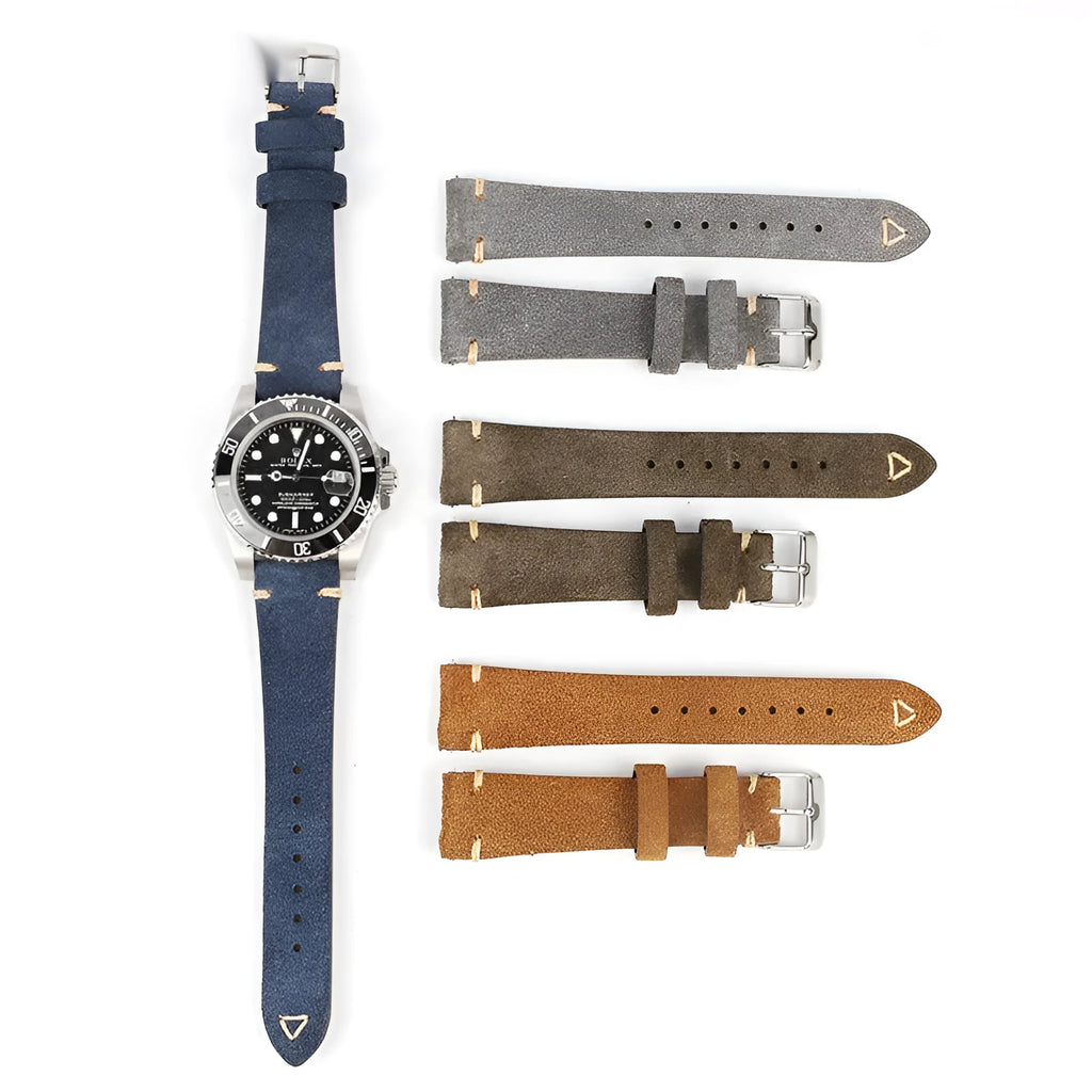 Brown genuine suede leather watch strap with small waist design on a wrist.
