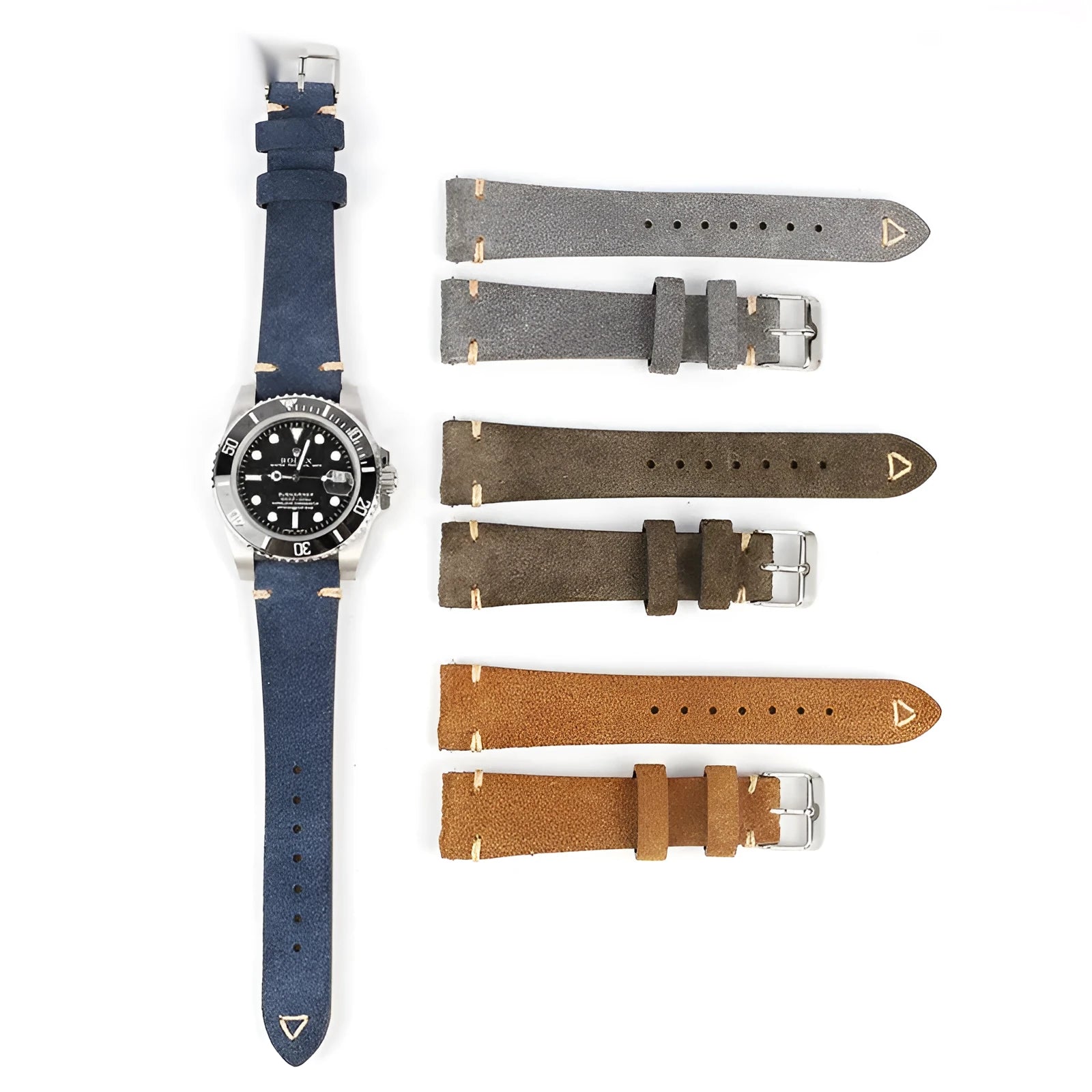Brown genuine suede leather watch strap with small waist design on a wrist.