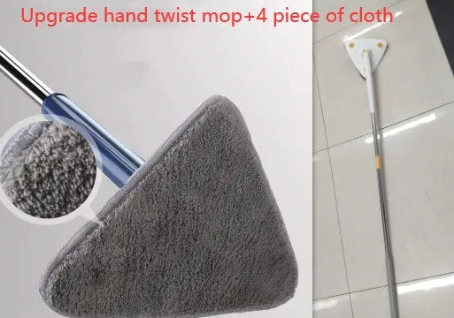 Blue triangular cleaning mop with 360-degree rotating head and adjustable stainless steel pole extended for use