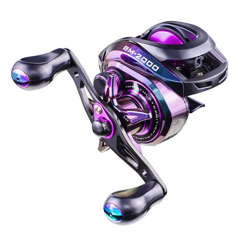 BM2000 model fishing reel with a magnetic brake water drop system, shown in left-hand and right-hand versions.