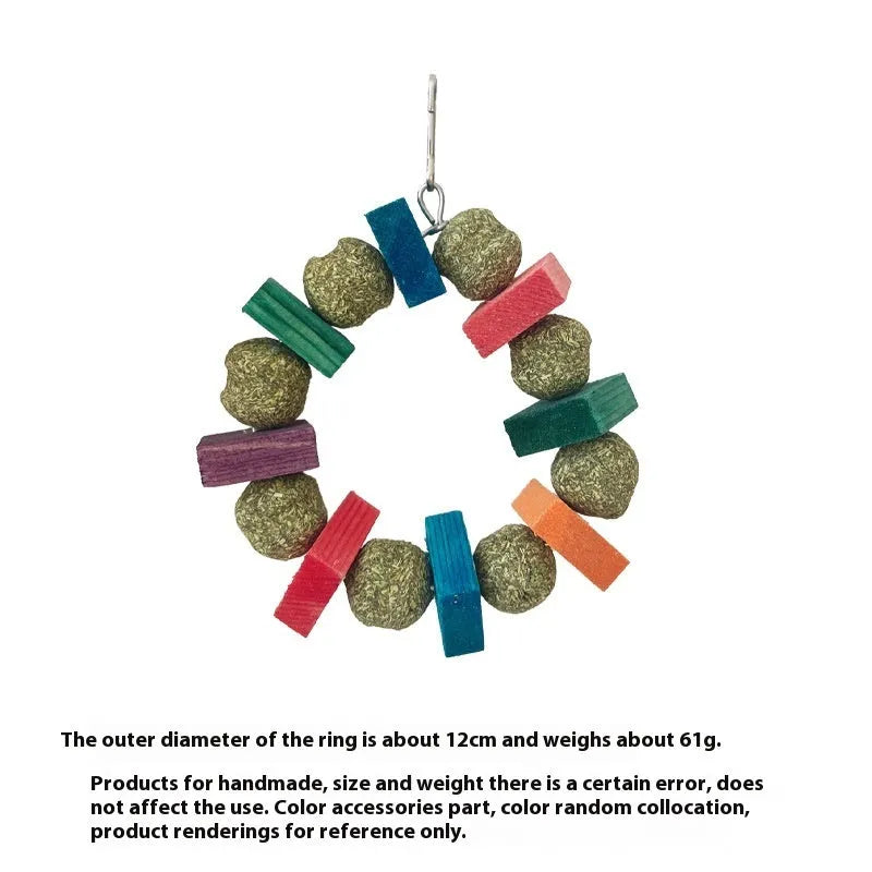 Applewood straw ball chew ring toy for small pets with decorative paillette details