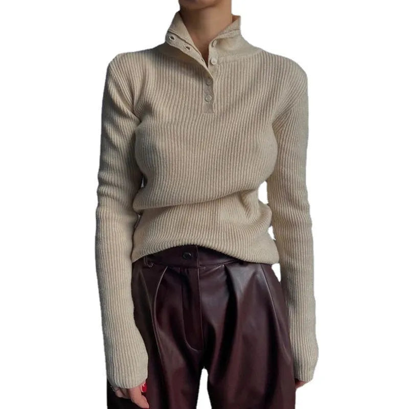 Women's slim fit retro half turtleneck pullover sweater in silver grey.