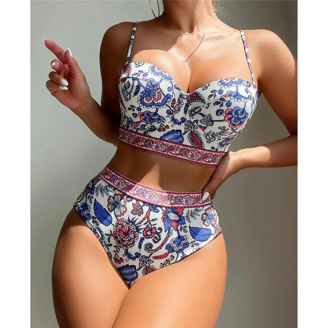 Blue high waist push-up bikini swimsuit for women with polyester lining
