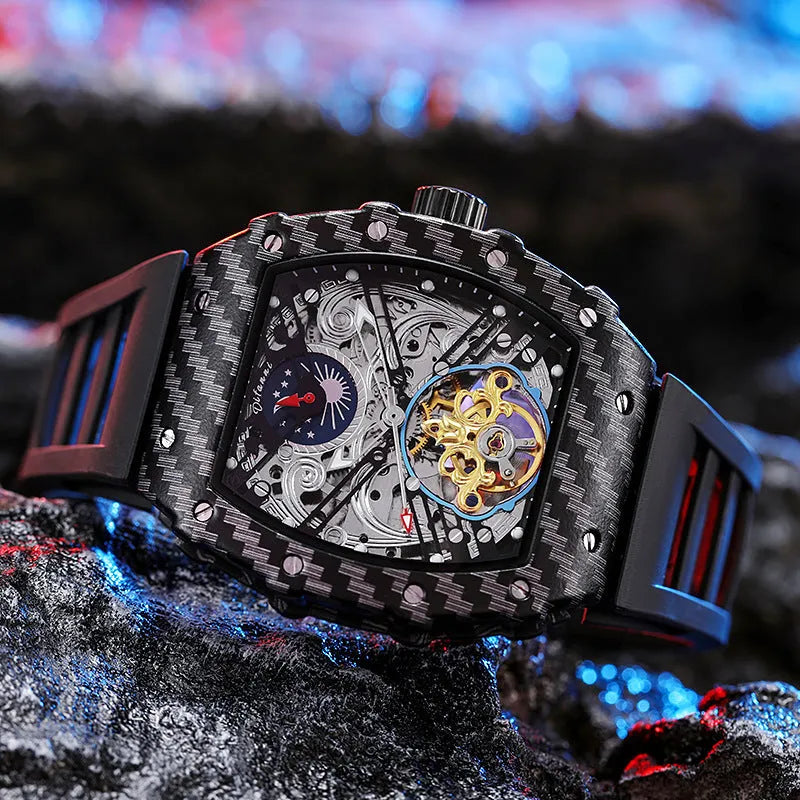 Men's mechanical waterproof watch with luminous dial, rubber strap and see-through case back showing movement