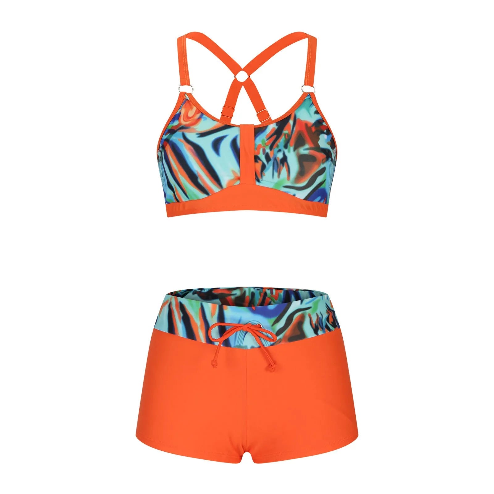 Women's floral printed bikini swimsuit with bra and shorts in polyester fabric