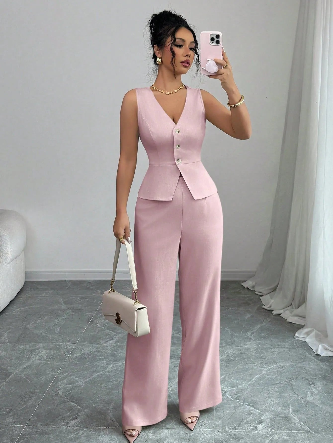 Women's sleeveless vest and high-waist trousers two-piece set in solid colour polyester fabric