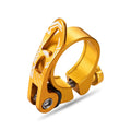 Aluminium bicycle seat tube clamp in black, red, gold, or blue, showing 31.8mm and 34.9mm size options.