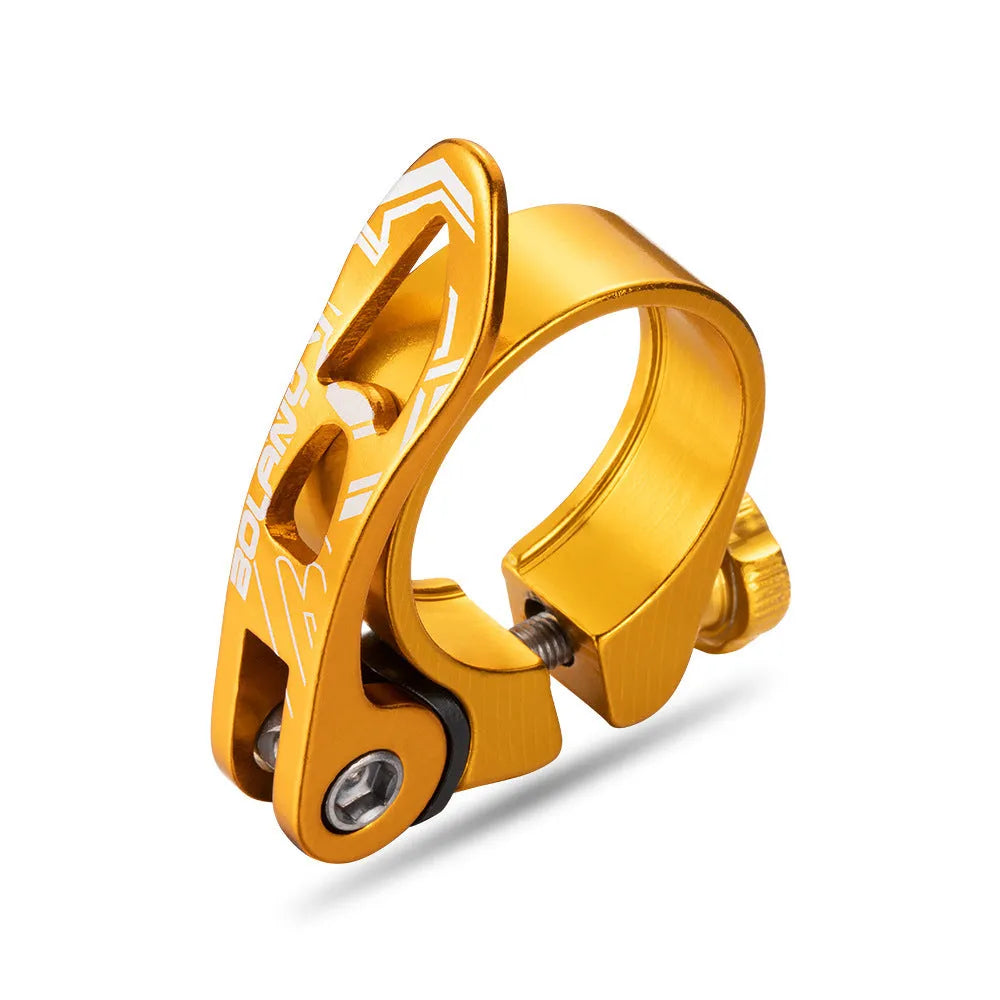 Aluminium bicycle seat tube clamp in black, red, gold, or blue, showing 31.8mm and 34.9mm size options.